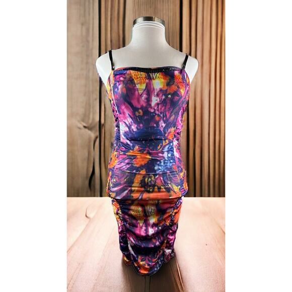 Vtg Y2k Apple Bottom Dress Watercolor Ruched Bodycon Form Fitting Dress Medium M - Picture 1 of 16
